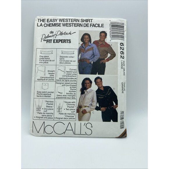 McCall’s 6262 Sewing Pattern Easy Western Shirt Men Women Size L Uncut 1992 - Picture 1 of 3